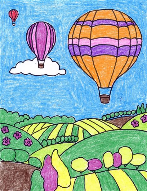 hot air balloon drawing with colour